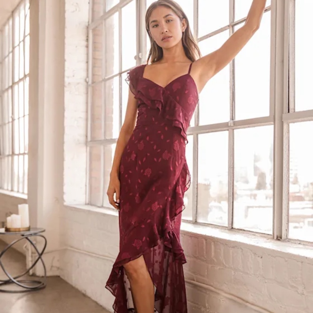 Burgundy Floral Ruffled Maxi Dress